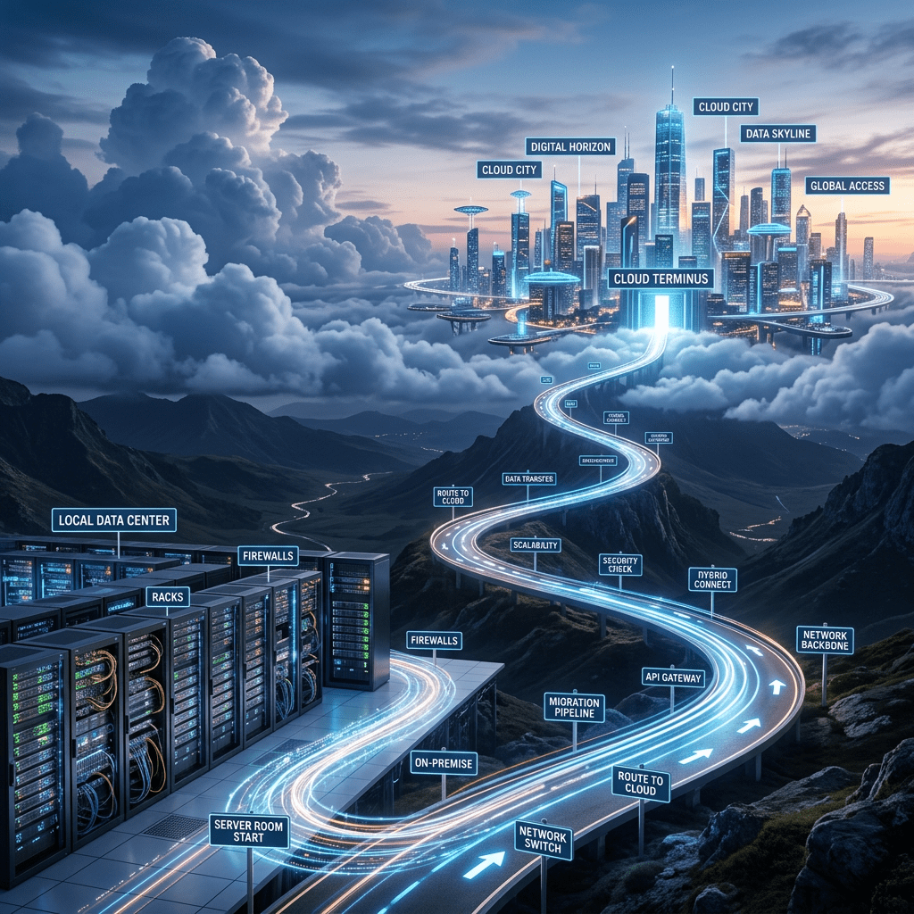 Data center servers connected by glowing digital pathways leading to a cloud-based city labeled with network and cloud infrastructure terms